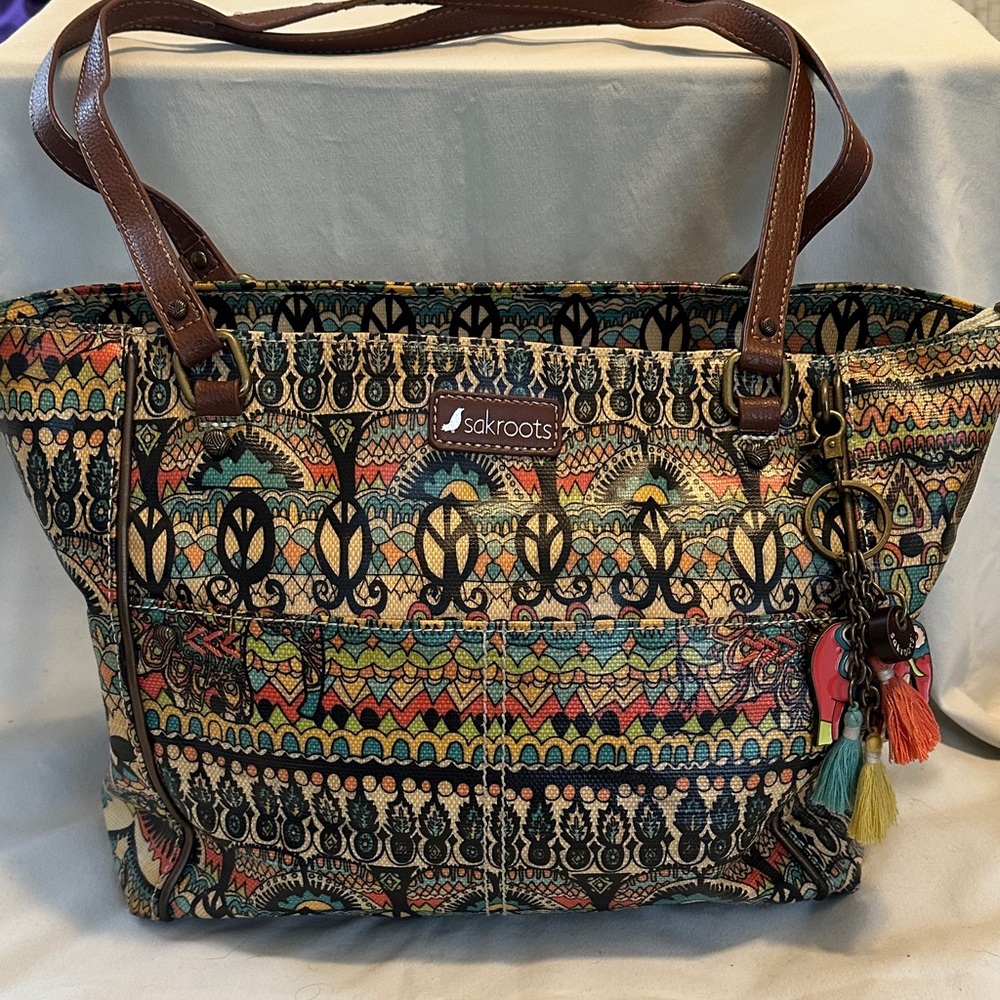 Sakroots Vibrant Patterned Tote with Brown Handles